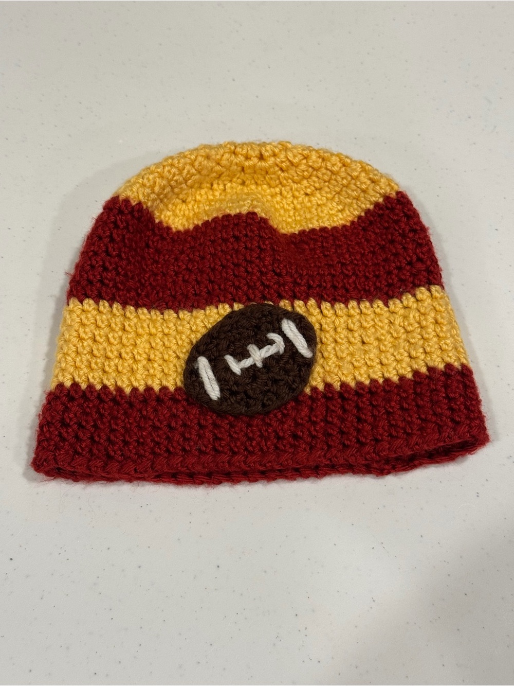 Infant Newborn Hand Knitted Football Themed Photoshoot Beanie Maroon Yellow Gold